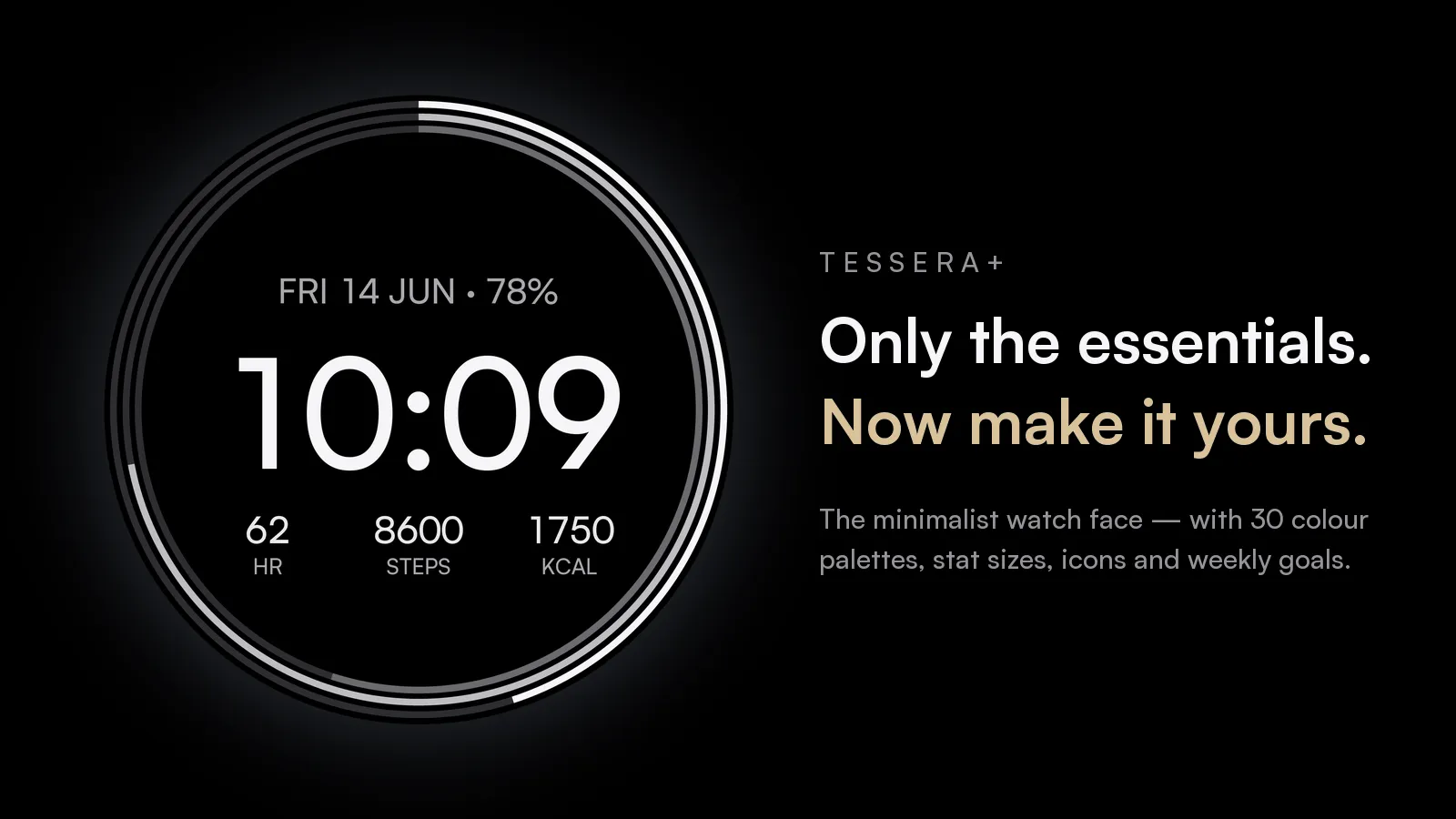 Tessera+ watch face, clean time with three stats and goal arcs