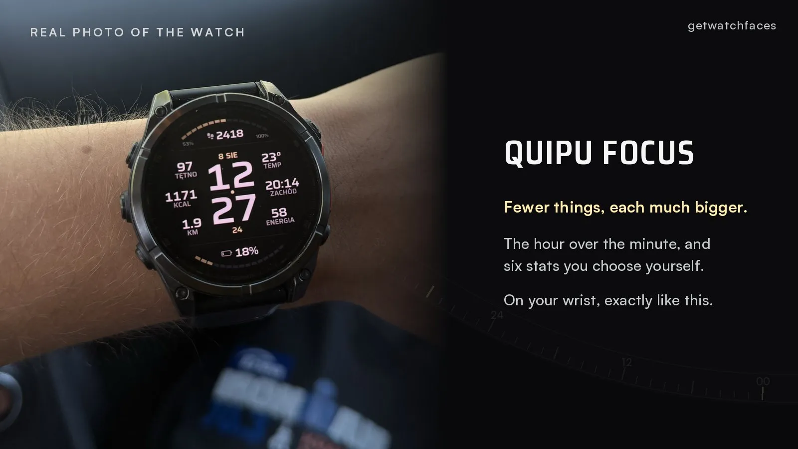 Quipu Focus on a Fenix 8, real photo: hour above minute, six stats