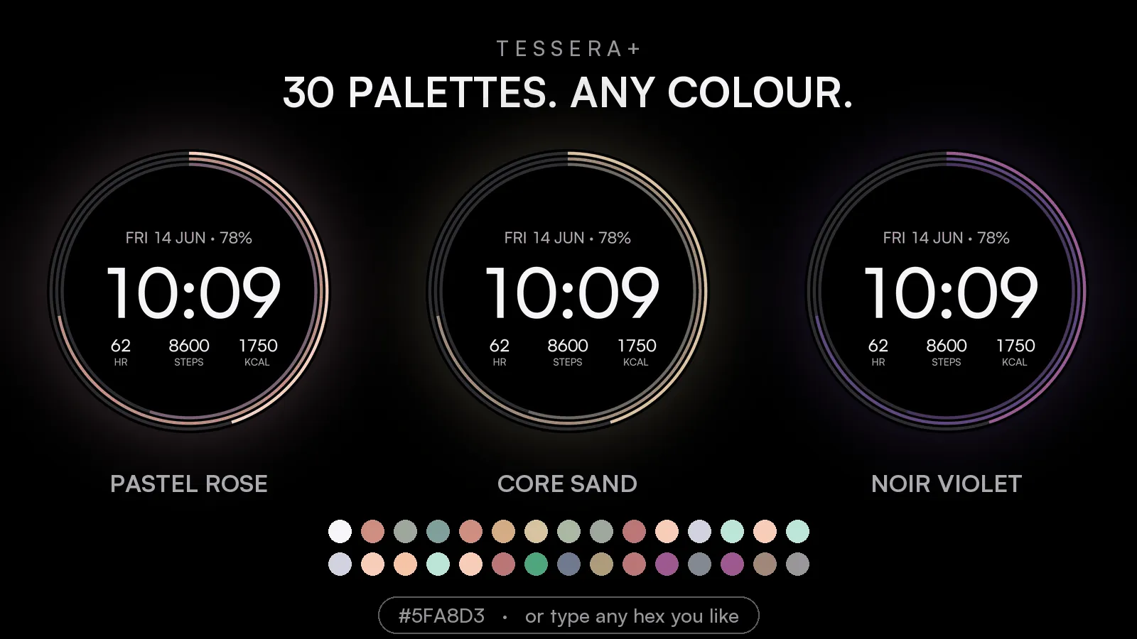 Tessera+ palette families: Core, Pastel and Noir